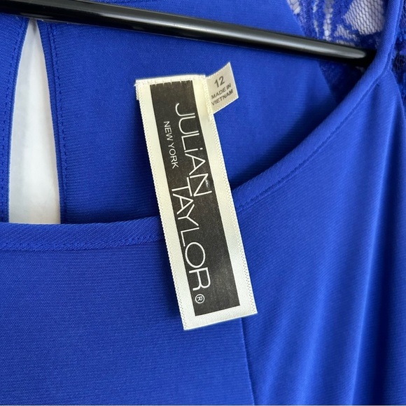 NWT Julian Taylor Royal Blue Lace Shoulder Shift Dress Size 12 - Picture 7 of 9